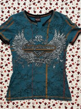 Harley-Davidson Cafe Las Vegas Teal Graphic Wing Knit Tee Shirt - Size L